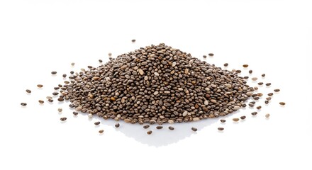Pile of chia seeds on white background promoting healthy diet and nutrition