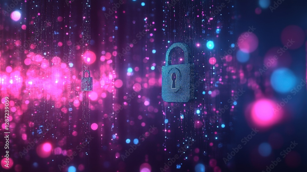 Poster digital padlocks protecting data streams in cyberspace, symbolizing strong defense against cyber thr