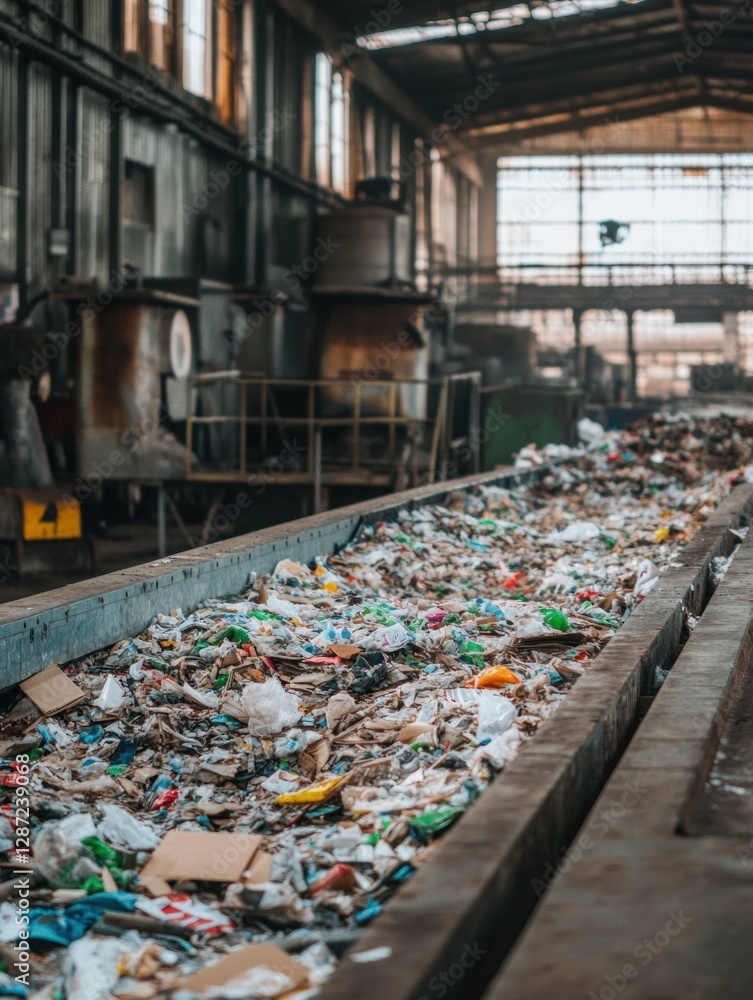 Poster Recycling plant with conveyor belts displaying sorted waste in an industrial setting ready for further processing. Generative AI