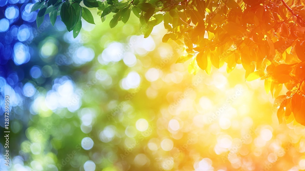 Poster bright bokeh background with colorful leaves in soft focus