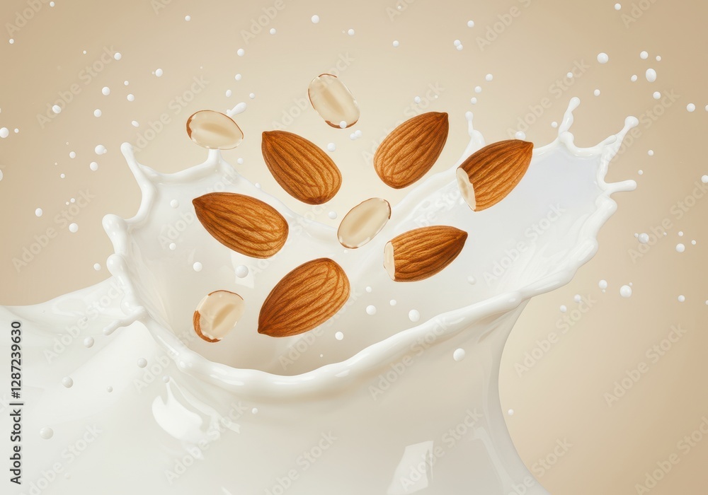 Poster almonds splashing into milk: a dynamic and refreshing scene for nut-based products
