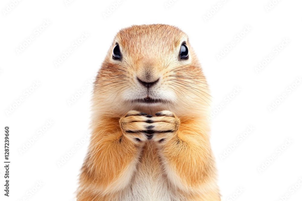 Poster close up of a curious animal with a neutral expression looking directly at the camera against a tran