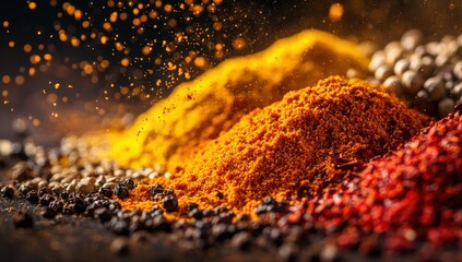 Vibrant Spices in Various Textures and Colors on Dark Surface with Colorful Spice Dust for Culinary and Food Photography
