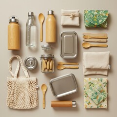 Eco-friendly kitchen essentials: reusable utensils, bags, and containers in stylish layout