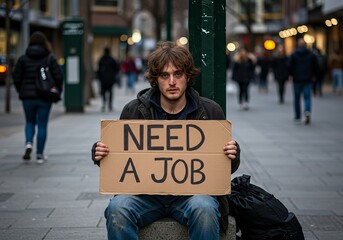 Job seeker sitting on bustling city street holding need a job sign