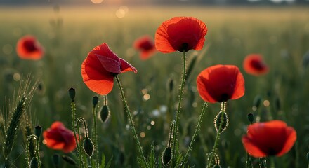 Fototapeta premium Dew-kissed crimson poppies in meadow - fragility of life - stock photo