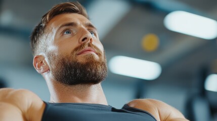 Muscular athlete performing sit-ups in a modern gym setting for fitness
