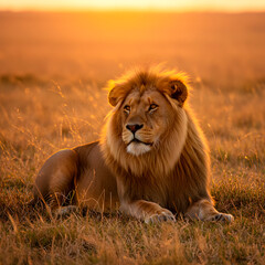 Lion lying in tall golden grass