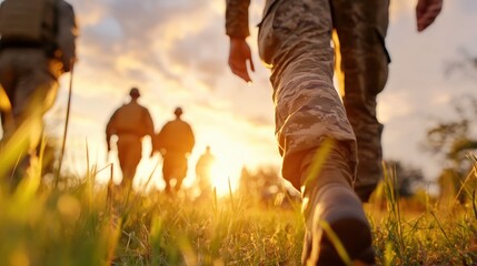 Military forces advance across a battlefield at sunset