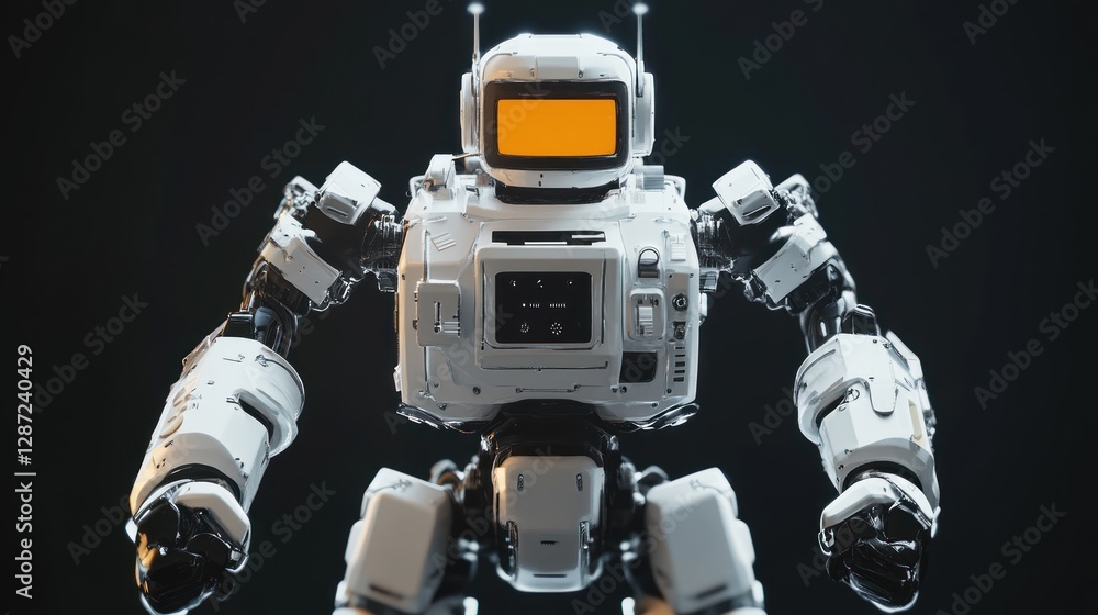 Poster standing futuristic robot with yellow screen display against dark background