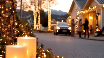 Sparkling lights illuminate a festive suburban neighborhood during holidays