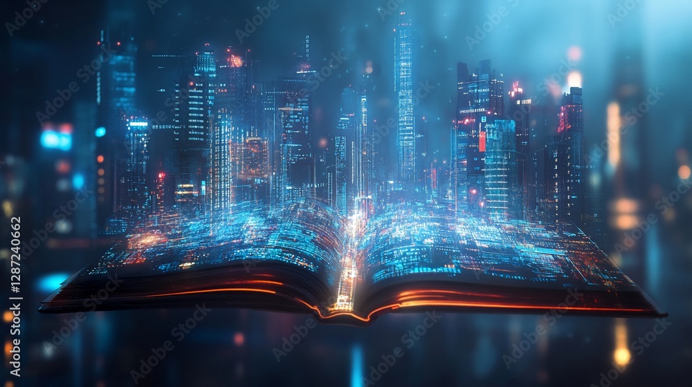 Poster futuristic city illuminated within an open book with glowing lights and a dark backdrop