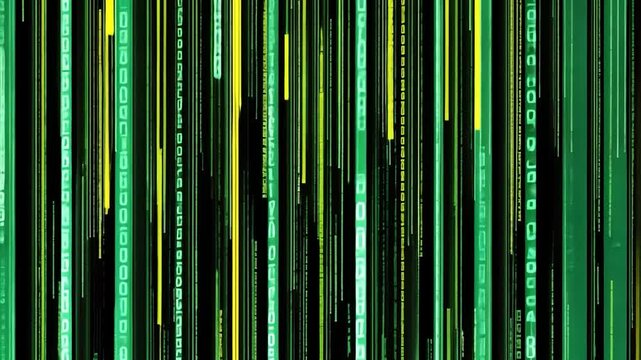 Immerse Yourself in a Digital Realm, Experience Mesmerizing Vertical Green and Yellow Data Streams in Motion Graphics Animation