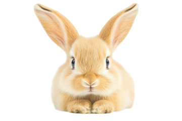 Close-up of a fluffy brown rabbit with large ears and blue eyes. The animal is centered against a transparent black background creating a charming portrait