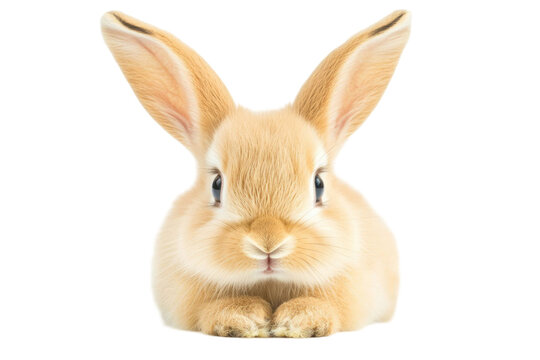 Close-up of a fluffy brown rabbit with large ears and blue eyes. The animal is centered against a transparent black background creating a charming portrait