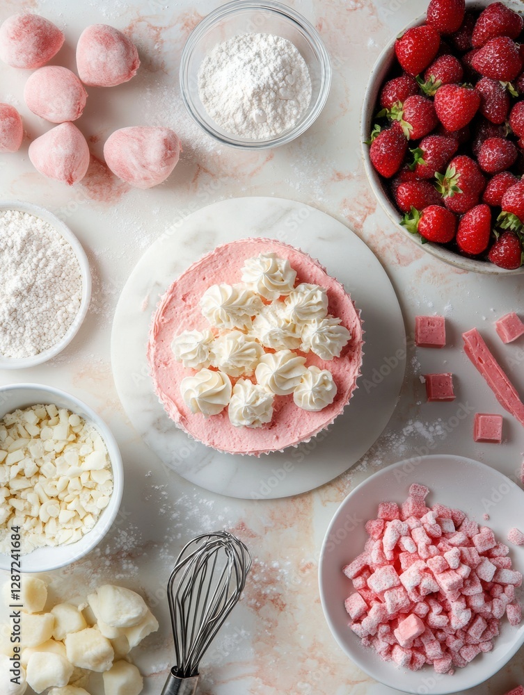 Poster making a delightful strawberry cream dessert with fresh strawberries and whipped cream on a marble c