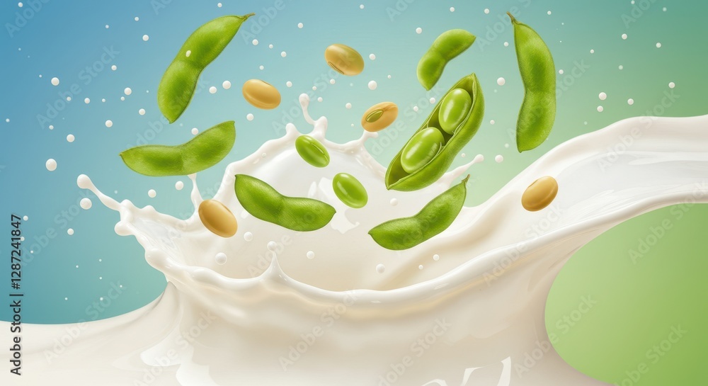 Poster splashing soy milk with fresh edamame and soybeans in dynamic motion