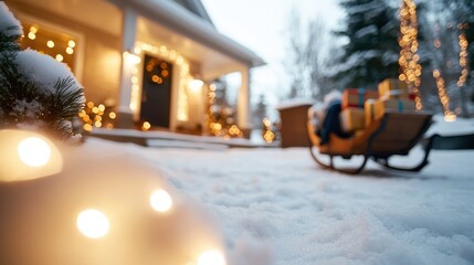 Fototapeta premium Snowy Christmas Eve with a sleigh of gifts at a cozy home
