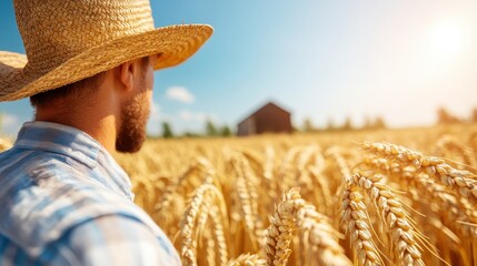 Obraz premium Harvesting golden wheat under a clear blue sky with a rustic barn