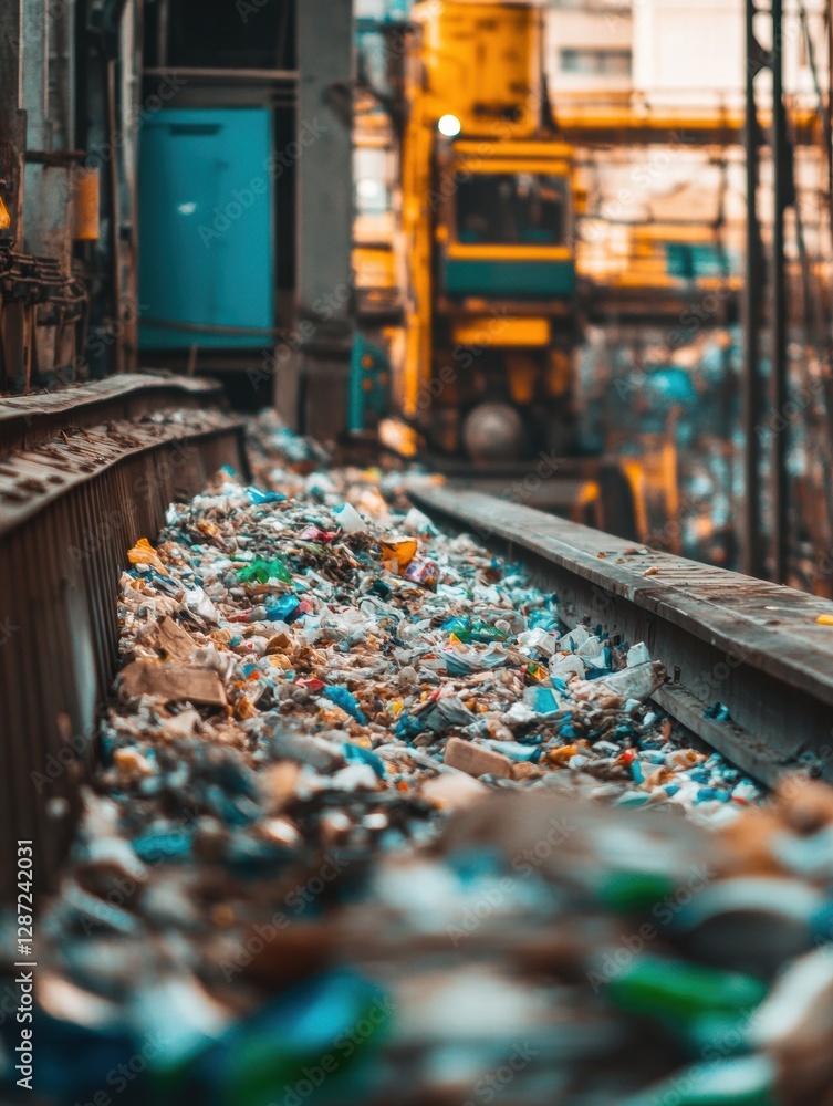 Poster recycling plant with conveyor belts sorting waste in an industrial environment with space for inform
