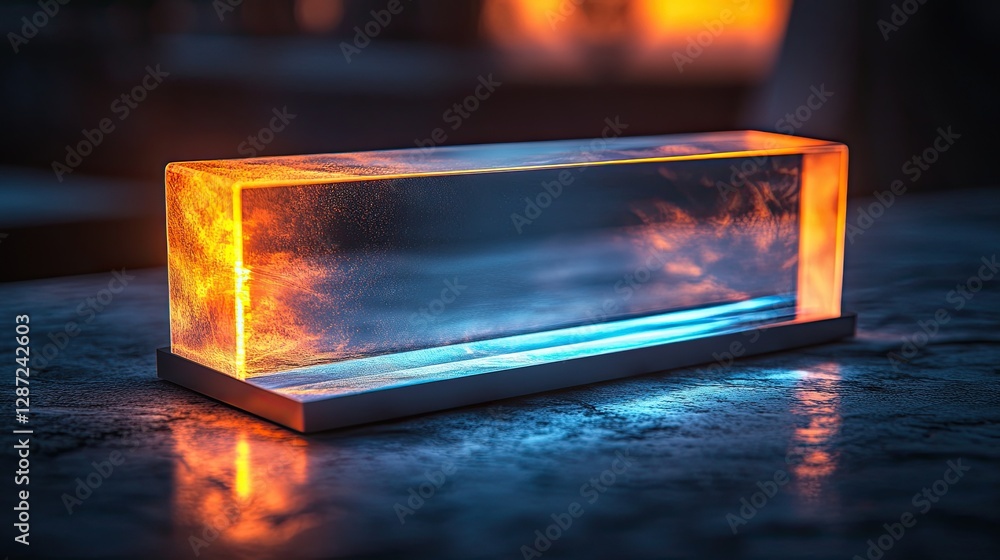 Aufkleber glowing rectangular glass block on a dark and textured surface