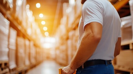 Warehouse worker navigates storage room while pushing pallet jack