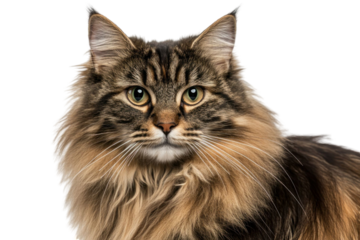 Close up portrait of a fluffy cat with brown and black striped fur, golden eyes, and a long, flowing mane against a transparent background