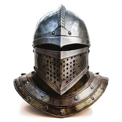 A medieval knight's helmet with a visor and neck guard, featuring a polished metallic surface and riveted construction, showcasing historical armor craftsmanship. Generative AI