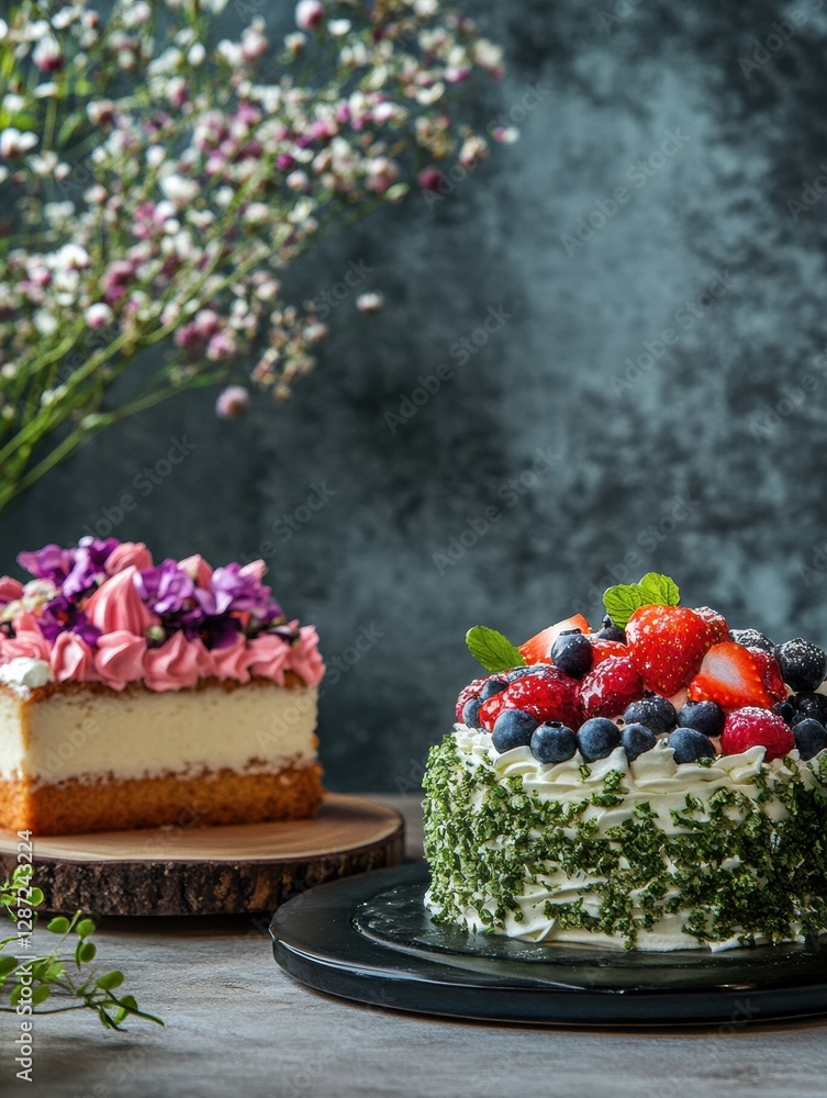 Poster delicious cakes decorated with fresh fruits and flowers on a rustic wooden table in soft lighting. g