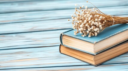 Decorative dried flowers on books calm workspace still life indoor top view aesthetic