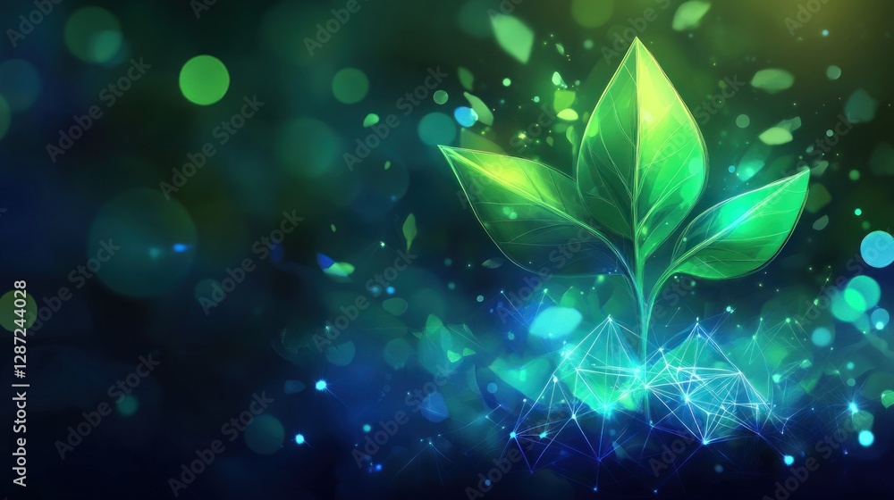 Poster growing plant with digital network connection and bokeh effect