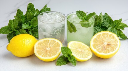 Refreshing lemon mint drinks on marble