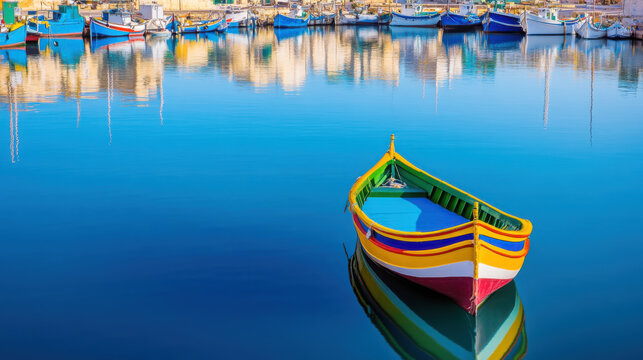 Traditional maltese luzzu boat floating in serene harbor with reflections
