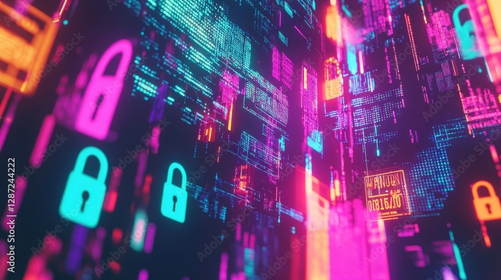 Poster glowing padlocks hover near streams of encrypted code, creating a vibrant and secure digital environ