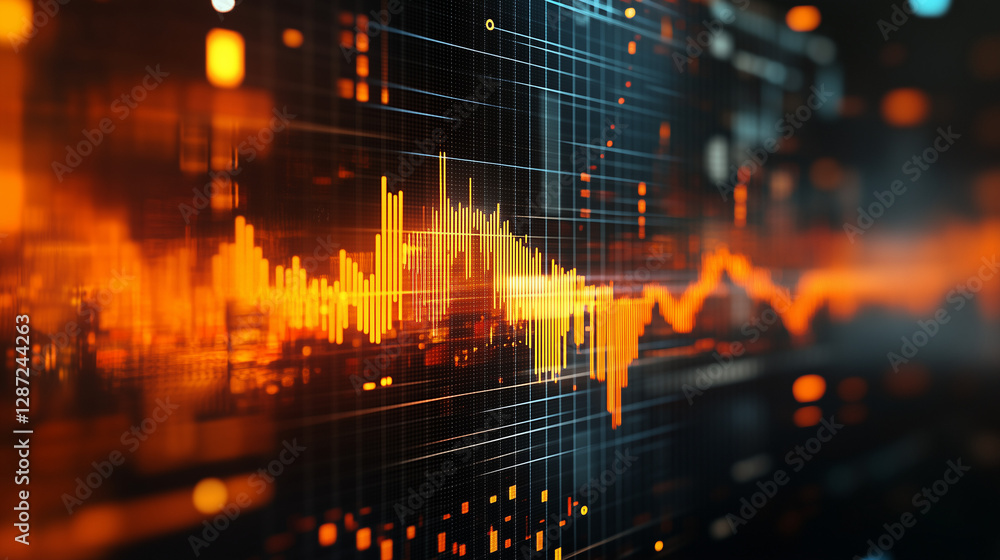 Poster abstract orange digital data waveform technology background futuristic grid stock market graph