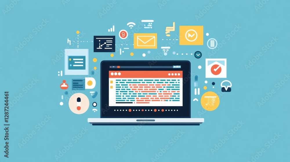 Poster laptop showing code with connected app and marketing icons around