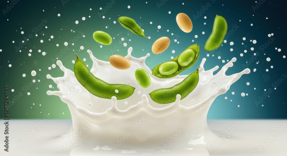 Poster fresh soybeans splashing into milk with dynamic motion effect