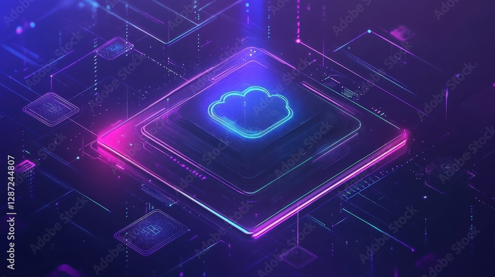 Poster glowing cloud symbol sits on futuristic motherboard, representing cloud computing security and data 