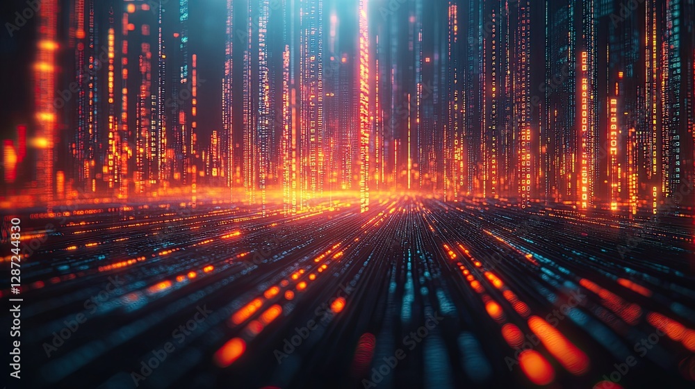 Poster data streams of information light up a virtual abstract landscape