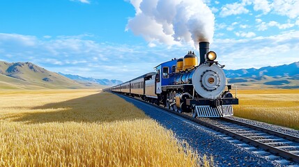 Obraz premium Historic steam train chugging through golden fields nature landscape scenic view