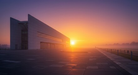 Fototapeta premium Modern architectural building at sunrise creating stunning silhouette against vibrant sky
