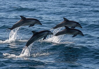 Naklejka premium Dynamic dolphins leaping over ocean waves in graceful formation