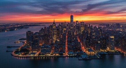 Fototapeta premium Vibrant sunset over new york city skyline featuring illuminated skyscrapers and urban landscape