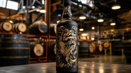 Obraz premium Elegant Black Liquor Bottle with Golden Lion Design in Distillery Setting