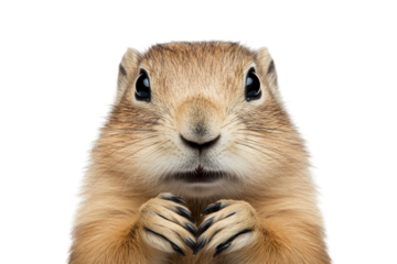 Close up portrait of a small animal isolated on a transparent background with its paws clasped and looking directly at the viewer