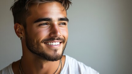 Obraz premium Smiling young man in casual beige t-shirt and glasses, quarter view,portrait with soft lighting
