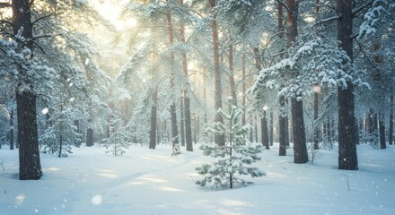 Naklejka premium Winter sunrise in snow-covered forest with calm atmosphere and natural beauty