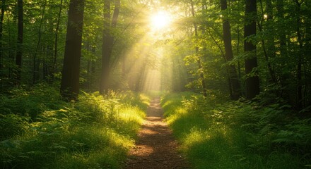 Sunlit forest path with lush greenery and tranquil morning light
