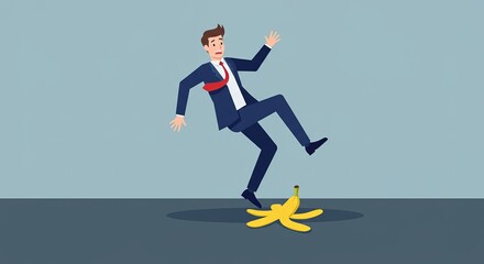 Obraz premium Businessman slips on banana peel in humorous office accident cartoon