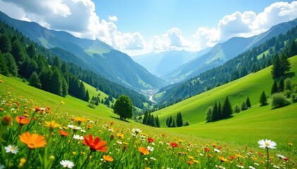 Fototapeta premium Rolling hills of Arabba valley with lush greenery and wildflowers, alpine landscape, arabba valley